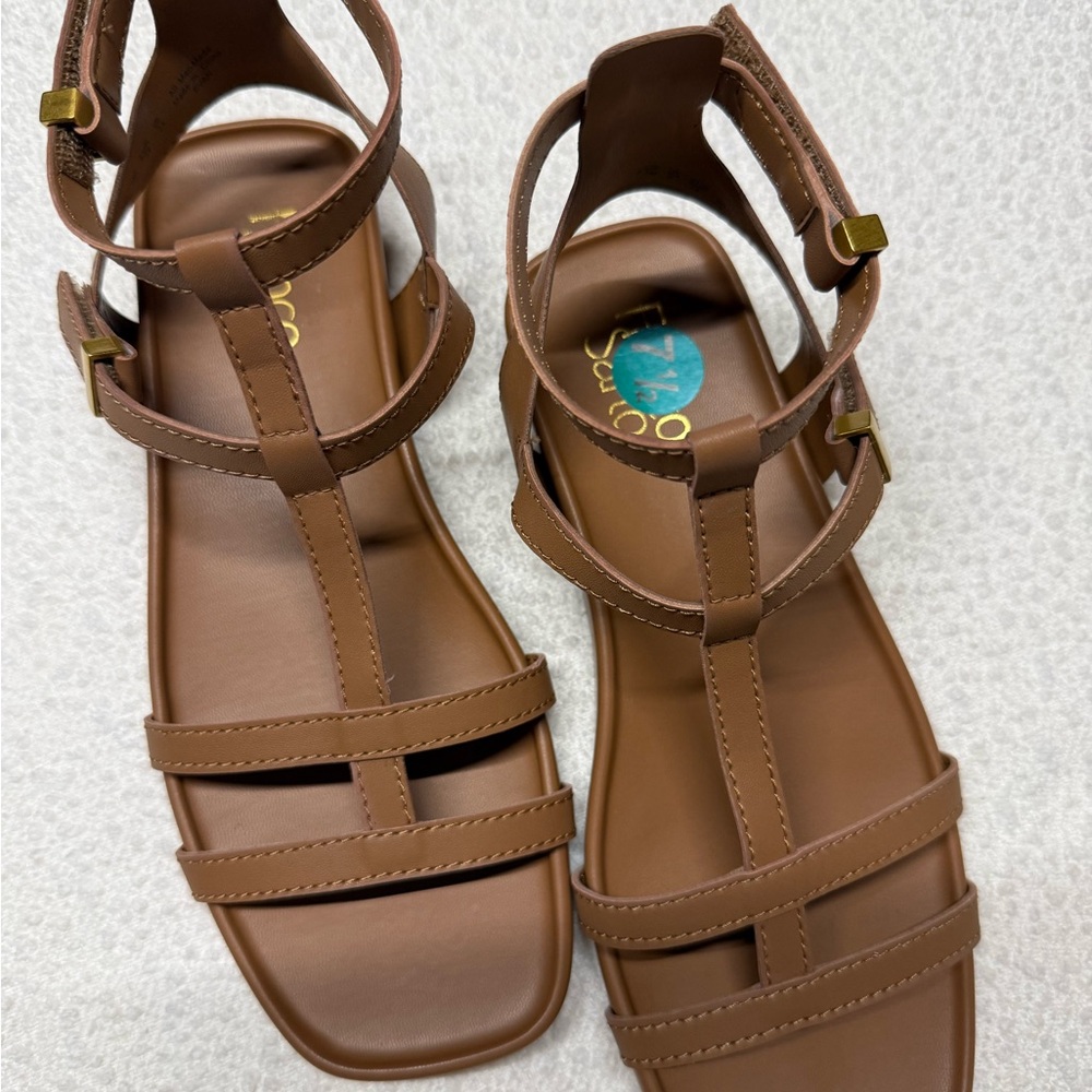 Franco Sarto Brown Strappy T‑Bar Leather Sandals